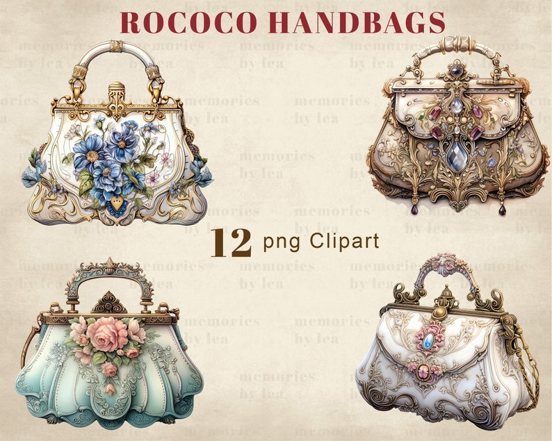 Puede incluir: Cuatro bolsos de estilo vintage adornados con detalles intrincados. Cada bolso presenta un dise&ntilde;o diferente, incluyendo motivos florales, joyas y detalles dorados. Los bolsos est&aacute;n colocados sobre un fondo crema con texto que dice "ROCOCO HANDBAGS 12 png Clipart".
