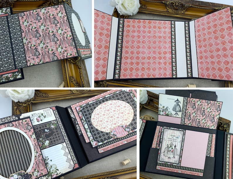 Op de afbeelding: Een zwart scrapbook met roze en wit gepatroneerd papier, met een bloemenontwerp en een decoratief ovaal frame. Het scrapbook is open om een pagina te onthullen met een handgeschreven notitie en een decoratieve vlinder.