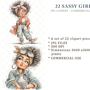 May include: Digital clipart set titled "22 Sassy Girl." The image shows two illustrations of fashionable girls with curly hair, wearing stylish outfits. The text indicates the set includes 22 clipart pieces, JPG files, 300 DPI, and dimensions of 3600x3600 pixels, for commercial use.