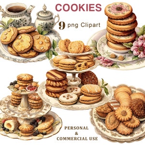 Op de afbeelding: Een verzameling van negen handgeschilderde aquarelillustraties van verschillende koekjes. De koekjes zijn gerangschikt op borden en schalen met bloemmotieven. De tekst "COOKIES" en "9 png Clipart" is zichtbaar in de afbeelding. De tekst "PERSONAL & COMMERCIAL USE" is ook zichtbaar in de afbeelding.