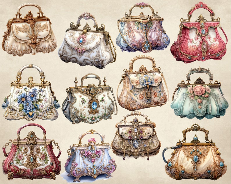 Puede incluir: Doce bolsos de estilo vintage adornados con detalles intrincados, que incluyen bordados florales, acentos de joyas y adornos dorados. Los bolsos est&aacute;n dispuestos en una cuadr&iacute;cula sobre un fondo beige.