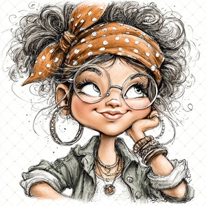 May include: A charming illustration of a person with curly hair, wearing a brown polka-dot headband, round glasses, and hoop earrings. The person is smiling and wearing a jacket and multiple bracelets. The artwork has a sketched style.