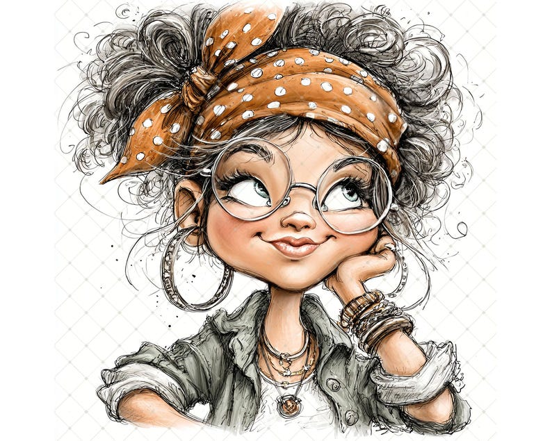 May include: A charming illustration of a person with curly hair, wearing a brown polka-dot headband, round glasses, and hoop earrings. The person is smiling and wearing a jacket and multiple bracelets. The artwork has a sketched style.