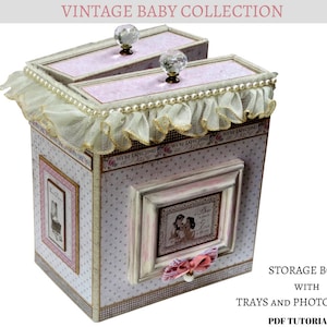 Vintage babycollectie, opbergdozen met dienbladen en fotofolio pdf-zelfstudie, plakboek-tutorial, pdf-zelfstudie foto-opbergdozen