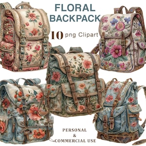 May include: Ten floral patterned backpacks in various colors and designs. The backpacks have leather straps and buckles. The text "FLORAL BACKPACK" and "10 png Clipart" is displayed above the backpacks. The text "PERSONAL & COMMERCIAL USE" is displayed below the backpacks.