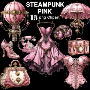 May include: A collection of 15 pink steampunk themed digital clipart images. The images include a hot air balloon, a dress, a corset, a pair of goggles, a suitcase, a handbag, a telephone, a shoe, and an umbrella.