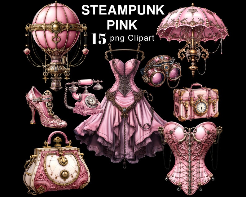 May include: A collection of 15 pink steampunk themed digital clipart images. The images include a hot air balloon, a dress, a corset, a pair of goggles, a suitcase, a handbag, a telephone, a shoe, and an umbrella.