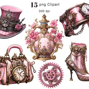 May include: A set of 15 pink and gold steampunk-style clipart images. The set includes a top hat, a perfume bottle, a handbag, a boot, a headband, and a gear.