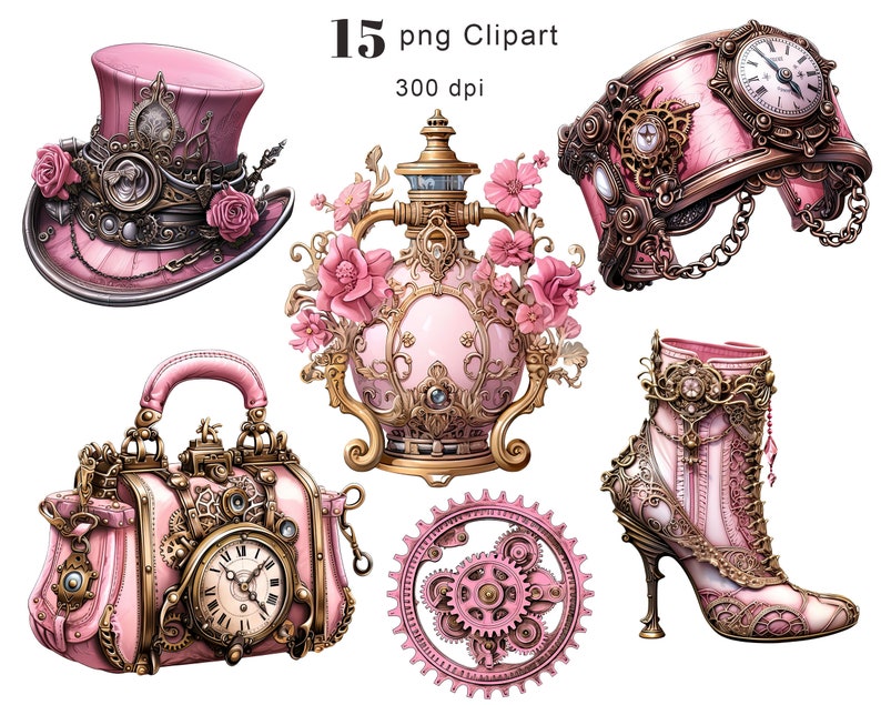 May include: A set of 15 pink and gold steampunk-style clipart images. The set includes a top hat, a perfume bottle, a handbag, a boot, a headband, and a gear.
