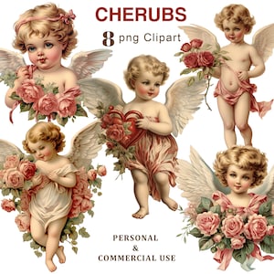 Victorian Cherubs Clipart, Angels PNG Illustration, Valentine&#39;s Day Angels, Scrapbook, Junk Journal, Ephemera, Sublimation, Card Making
