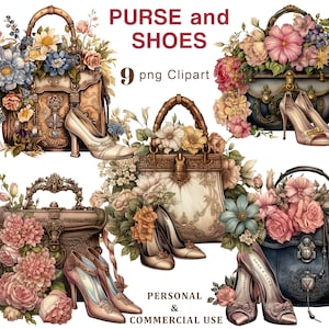 Vintage Handtasche und Schuhe Clipart, Floral Handtasche PNG Clipart, Mode-Handtasche Grafiken Junk Journal, Scrapbooking, Ephemera, digitaler Download