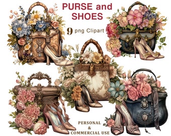 Vintage Handbag And Shoes Clipart, Floral Purse PNG Clipart, Fashion Handbag Graphics Junk Journal, Scrapbooking, Ephemera, Digital Download