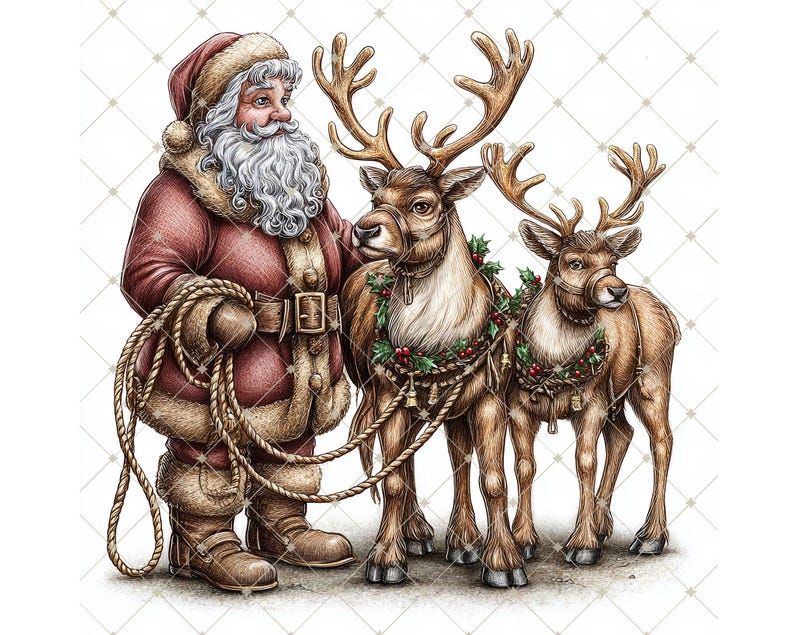 Santa With Reindeer Clipart: Vintage Christmas Holiday Printable ...