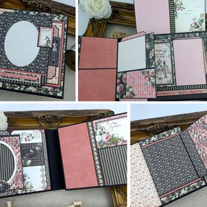 Op de afbeelding: Een zwart scrapbook met roze en zwart gepatroneerd papier, met een bloemenontwerp en de tekst "The Elegance". Het scrapbook heeft meerdere pagina's met verschillende ontwerpen en lay-outs.