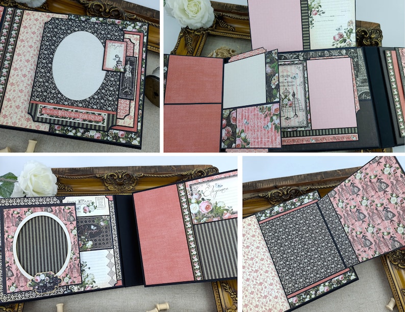 Op de afbeelding: Een zwart scrapbook met roze en zwart gepatroneerd papier, met een bloemenontwerp en de tekst "The Elegance". Het scrapbook heeft meerdere pagina's met verschillende ontwerpen en lay-outs.
