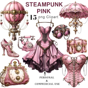May include: A set of 15 pink steampunk clipart images, including a hot air balloon, a corset, a dress, a hat, goggles, a suitcase, a purse, and a telephone.  The images are in a digital format and are perfect for crafting, scrapbooking, and other creative projects.  "STEAMPUNK PINK 15 png Clipart PERSONAL & COMMERCIAL USE"