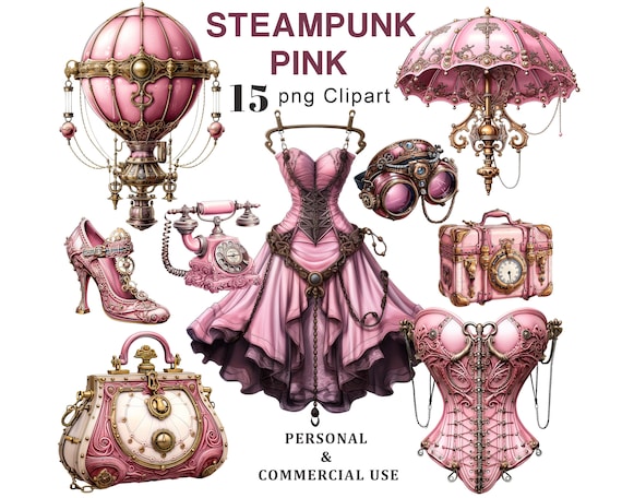 Pink Steampunk Clipart, Victorian PNG Illustration (Digital Download)