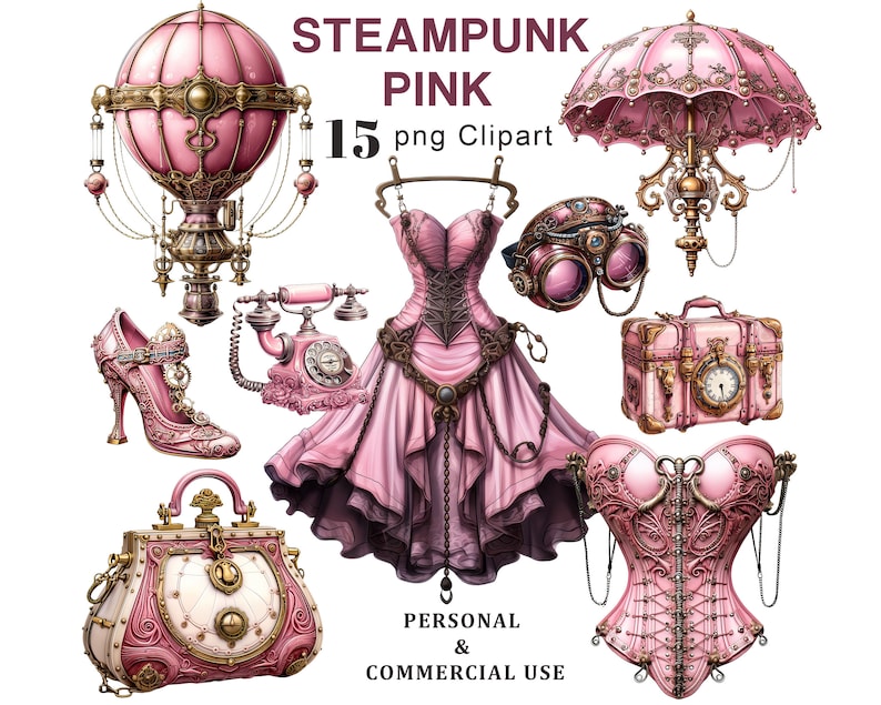 May include: A set of 15 pink steampunk clipart images, including a hot air balloon, a corset, a dress, a hat, goggles, a suitcase, a purse, and a telephone.  The images are in a digital format and are perfect for crafting, scrapbooking, and other creative projects.  "STEAMPUNK PINK 15 png Clipart PERSONAL & COMMERCIAL USE"