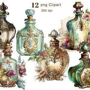 Akvarell parfymflaskor Clipart, Shabby Chic PNG (digital nedladdning) bild 2