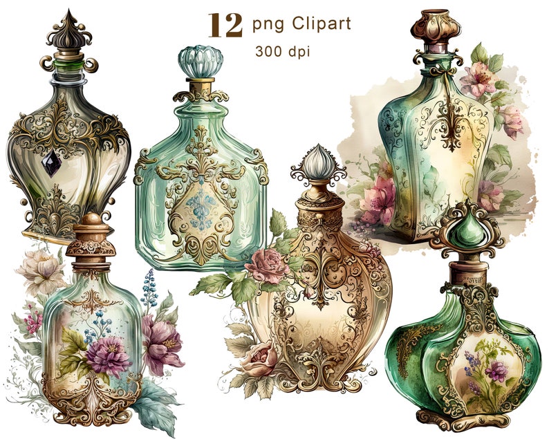 Akvarell parfymflaskor Clipart, Shabby Chic PNG (digital nedladdning) bild 2