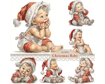May include: A collection of watercolor illustrations of babies dressed in Santa Claus outfits. The babies are wearing red and white Santa hats and outfits. The image includes the text "26 JPG Christmas Baby".