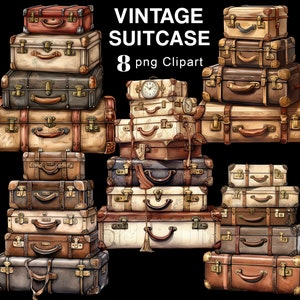 K&ouml;nnte beinhalten: Acht Vintage-Koffer in verschiedenen Gr&ouml;&szlig;en und Farben, in verschiedenen Anordnungen gestapelt. Einige Koffer haben Lederriemen und Metallakzente. Die Koffer sind eine Mischung aus Braun, Beige, Creme und Rot.