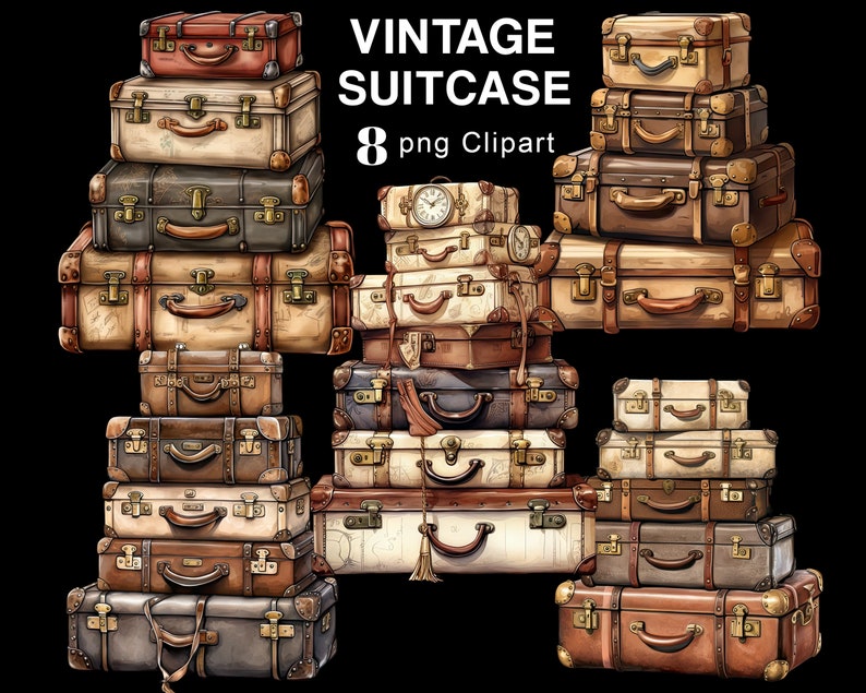 K&ouml;nnte beinhalten: Acht Vintage-Koffer in verschiedenen Gr&ouml;&szlig;en und Farben, in verschiedenen Anordnungen gestapelt. Einige Koffer haben Lederriemen und Metallakzente. Die Koffer sind eine Mischung aus Braun, Beige, Creme und Rot.