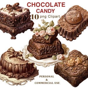Puede incluir: Una colección de cajas de bombones de chocolate ornamentadas y elementos decorativos. La imagen presenta varias formas, incluyendo cajas cuadradas y ovaladas, adornadas con detalles intrincados, lazos y acentos florales. El texto "CHOCOLATE CANDY" y "10 png Clipart" es visible.