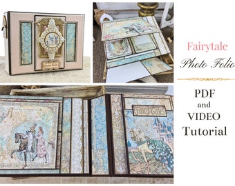 May include: A fairytale themed photo folio with a brown cover and a blue and white interior. The cover features the text "Fairy Tales". The interior pages are decorated with floral patterns and images of a horse and a castle.