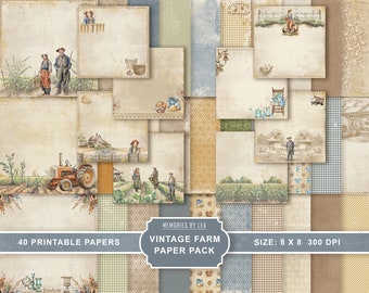 Vintage Farm druckbares digitales Papier, Bauernhaus digitales Scrapbooking Papier, Landleben Junk Journal, Erinnerungen von Lea, digitaler Download