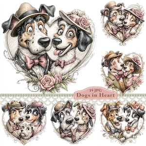 May include: Digital illustrations of dogs in love, each set within a heart-shaped frame. The dogs are dressed in formal attire, including hats and bow ties, with floral accents. The text "Dogs in Heart" is also present.