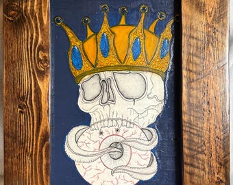 Original Skull Art “King of Death” – Hand‑Drawn, Painted & Carved on Wood, 18 1/4" x 24 1/2" Framed Gothic Wall Art