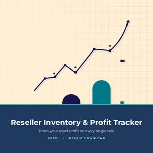 Könnte beinhalten: Eine digitale Grafik mit einem dunkelblauen Liniendiagramm, das auf einem hellen, cremefarbenen Rasterhintergrund nach oben verläuft. Unter dem Diagramm zeigt ein dunkelblaues Banner den Text Reseller Inventory & Profit Tracker, Know your exact profit on every single sale, EXCEL, INSTANT DOWNLOAD.