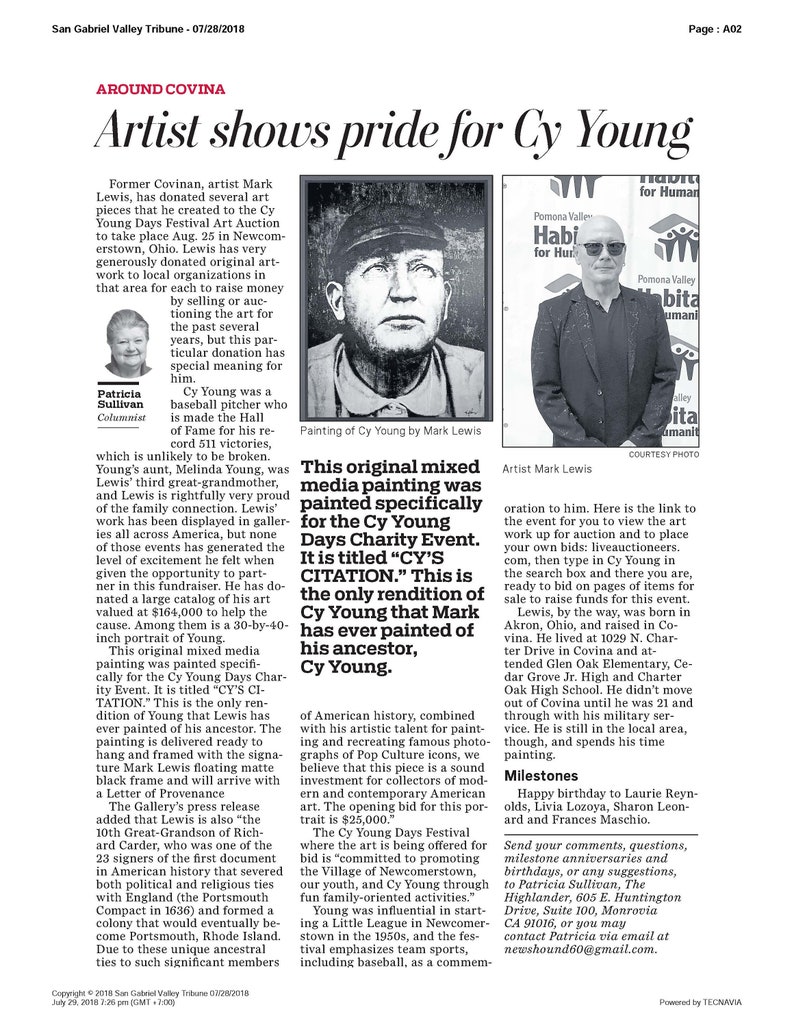 Pu&ograve; includere: Un ritratto in bianco e nero di Cy Young, un famoso lanciatore di baseball, dipinto dall'artista Mark Lewis. Il dipinto &egrave; intitolato "CY'S CITATION" e verr&agrave; messo all'asta per beneficiare l'evento di beneficenza Cy Young Days.