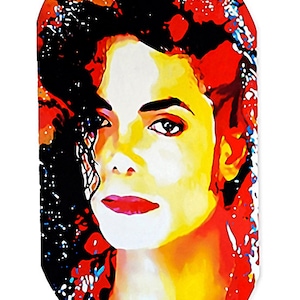 May include: A dog tag pendant featuring a vibrant portrait of Michael Jackson. The artwork showcases a yellow face with red lips, set against a backdrop of red and black. The pendant is attached to a silver chain and includes the artist's signature.