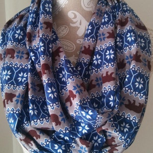Printed Bear Infinity scarf, womens scarves, warm winter scarf, holiday scarf, cotton knit scarf, gift for her, scarves for winter
