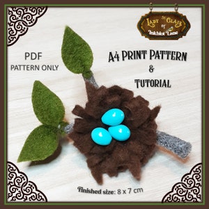 May include: A PDF pattern and tutorial for a felt bird's nest with three blue eggs. The finished nest measures 8 inches by 7 inches.