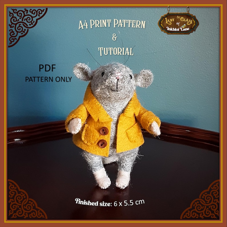 May include: A PDF pattern and tutorial for sewing a gray felt mouse wearing a yellow felt coat with brown buttons. The finished mouse measures 6 inches by 5.5 inches.