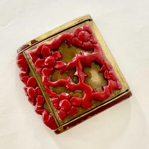 Antique Art Deco Bakelite Powder Box, Red Carved Flower Decor, Framus Austria