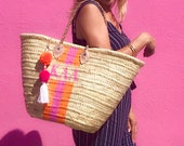 Monogram Straw Beach Bag Personalized Straw Tote Custom Market Basket Pink Stripes Painted Monogrammed Totes Gift for Bride Straw Beach Bag