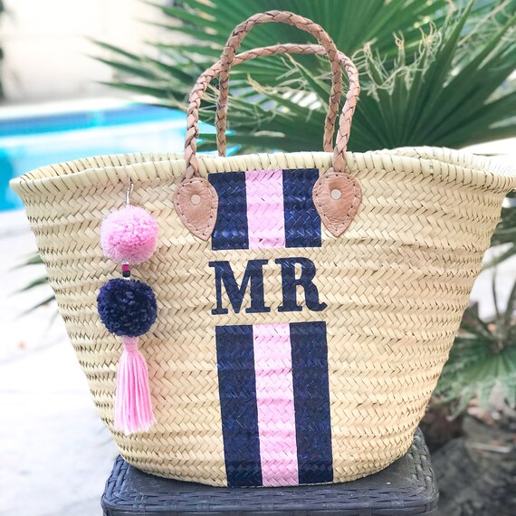 Navy Blue Stripe Jumbo Man-made Beach Tote Hamper Straw Tote