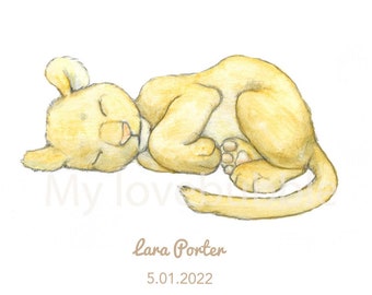 Sleeping lion cub print | baby wall art | nursery print | personalised print | lion themed nursery | picture for babys room | new baby