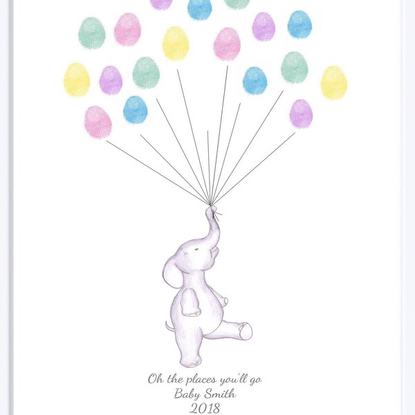 INSTANT DOWNLOAD Baby Shower guest book, Keepsake art, elephant holding fingerprint balloons, nursery art,  baby shower activity, print, art