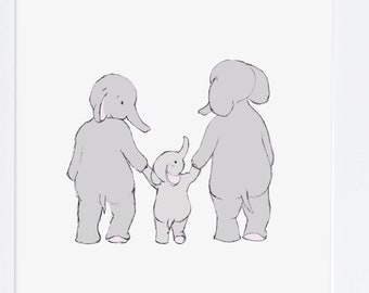 Elephant family, nursery art, baby decor, elephant illustration, print for baby, gift for new baby, elephant drawing, INSTANT DOWNLOAD