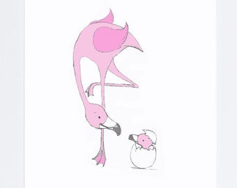 Mummy&Baby Flamingo- Nursery Art - Childs Illustration - Pink flamingo drawing -kids room decor - instant download