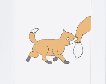 Baby Fox and Tail- Nursery Art - cute illustration - kids decor - woodland print - fox drawing- wall art- babys room- instant download - art