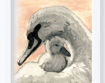 SOFORTIGER DOWNLOAD Schwan und ihr Cygnet | Kinderzimmer Kunstdruck | Aquarell| Mädchen Kinderzimmer Dekor | wall art Mutter und Baby Schwan