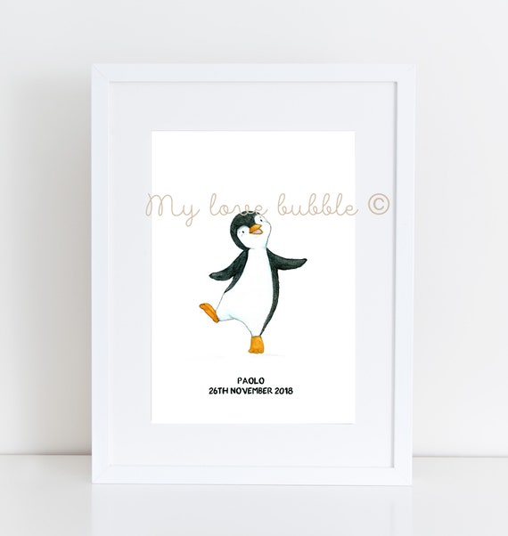 PERSONALISED Penguin Word Art Wall Print Gift Idea Nursery New Baby Kids Bedroom