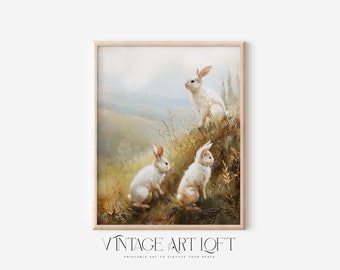 Vintage Bunnies on Hill Landscape | Wall Art | Oil Painting | White Rabbits | Country Farmhouse | Easter Decor | Instant-Download PRINTABLE