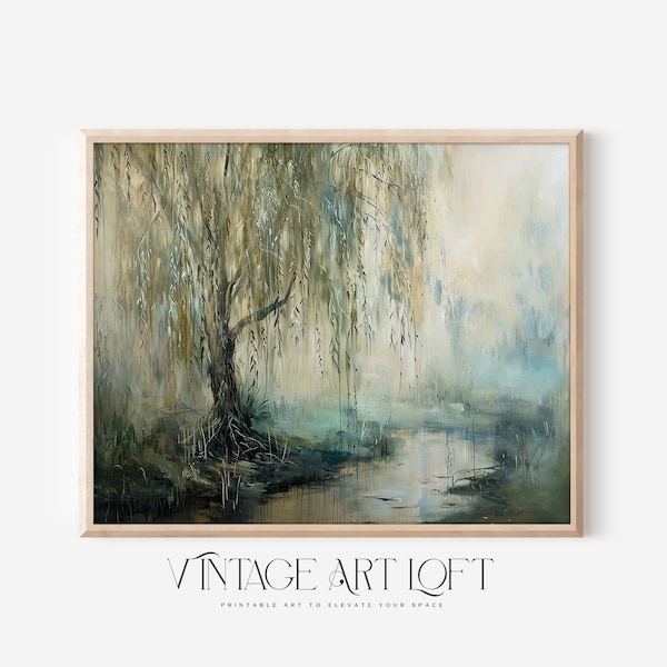 Willow Tree Painting | Wall Art | Oil Painting | Vintage | Moody Print | Rustic Landscape | Farmhouse Decor | Instant-Download PRINTABLE